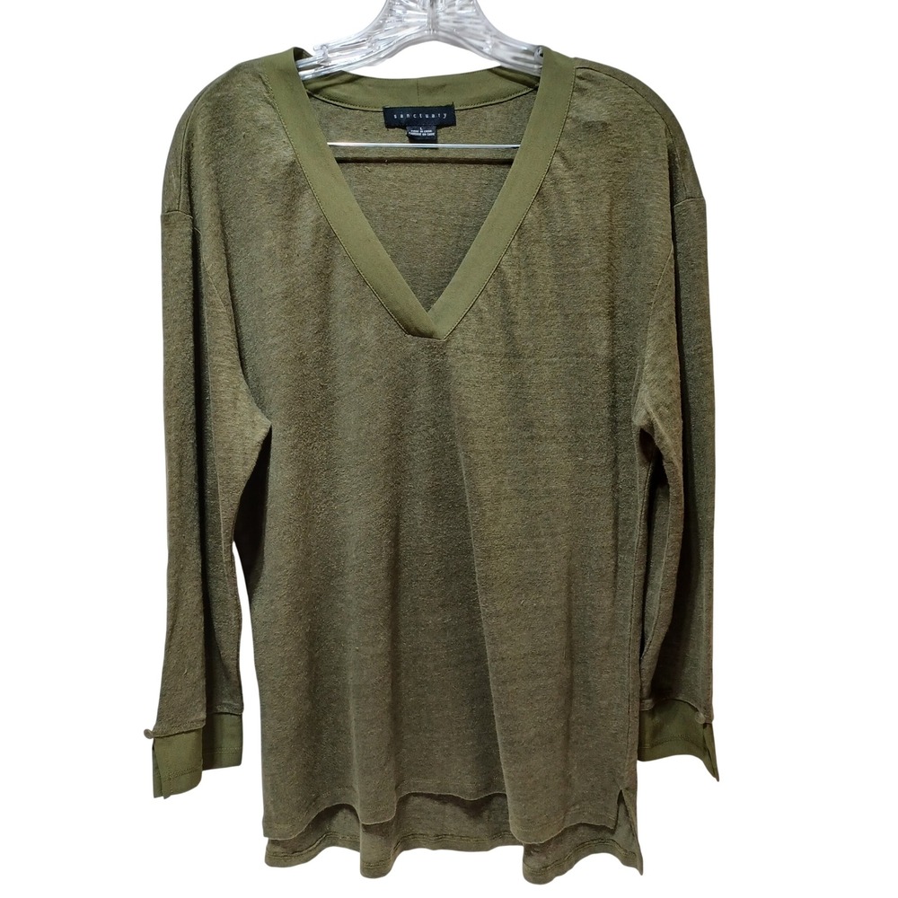 Linen V-Neck Tunic Top Womens L Olive Green 3/4 Sleeve Coastal Capsule Lagenlook